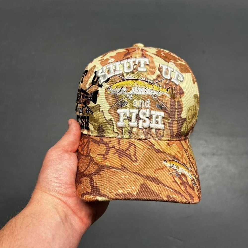 Y2K shut up and fish realtree camo strap back hat cap OSFA